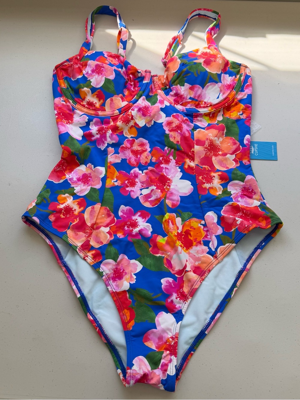 CUPSHE One Piece Swimsuit Size L Blue Floral Underwire Slimming & Sculpt